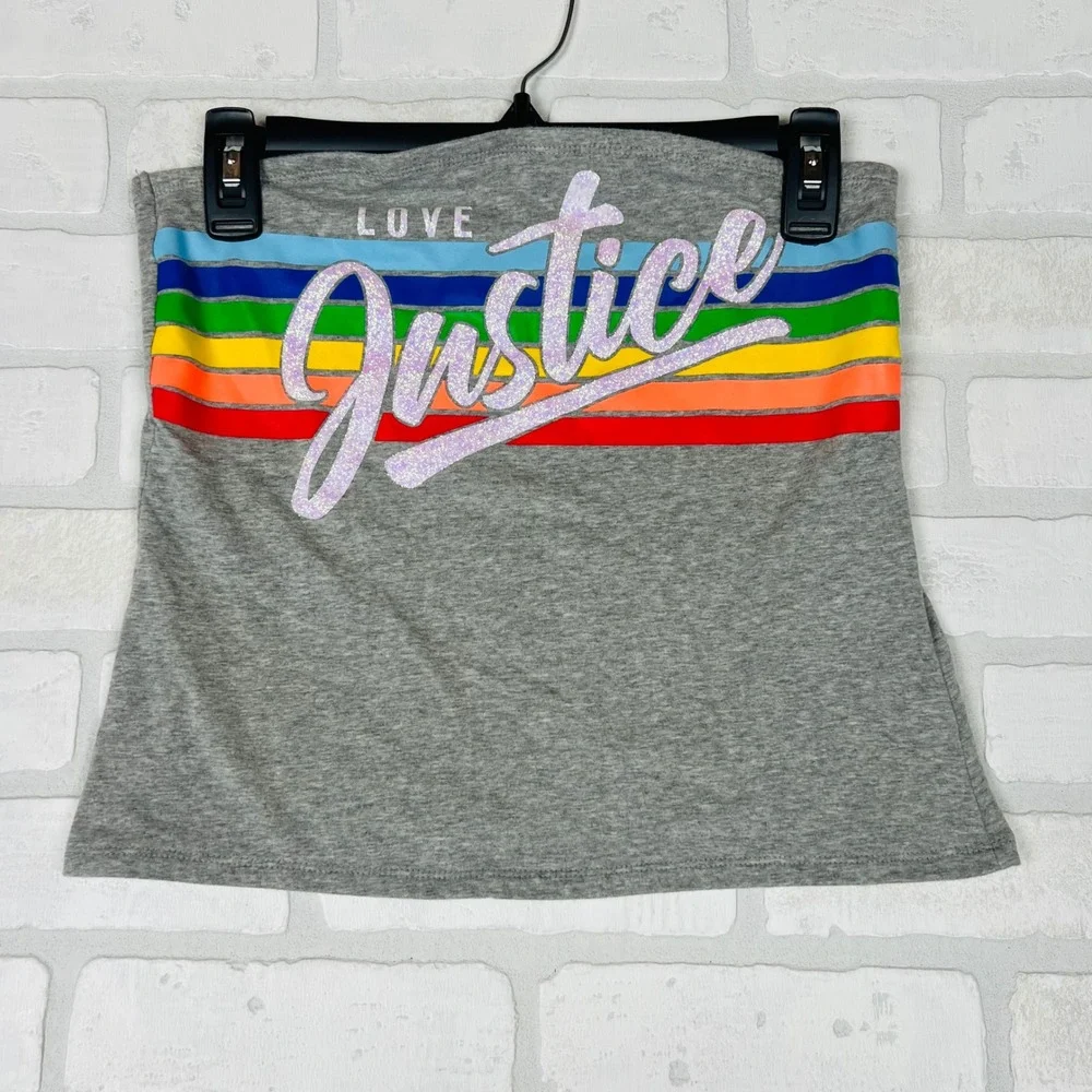 Justice Girls Grey Rainbow Glitter Love Justice Tube Top Strapless Shirt Size 14
